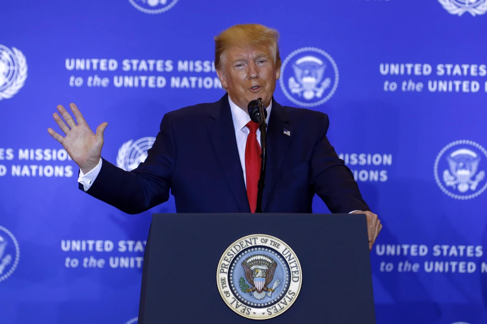 Tổng thống Mỹ Donald Trump trong cuộc họp báo tại New York ngày 25/9/2019. (Nguồn: THX/TTXVN)