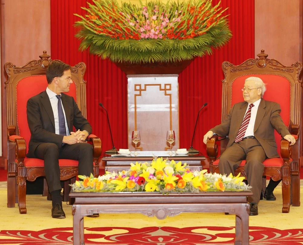 Tổng Bí thư, Chủ tịch nước Nguyễn Phú Trọng tiếp Thủ tướng Vương quốc Hà Lan Mark Rutte. (Ảnh: Trí Dũng/TTXVN)