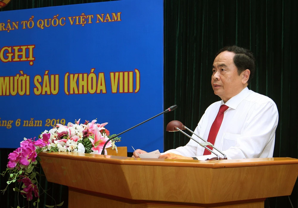 Bí thư Trung ương Đảng, Chủ tịch Ủy ban Trung ương MTTQ Việt Nam Trần Thanh Mẫn phát biểu phát biểu kết luận. (Ảnh: Nguyễn Dân/TTXVN)