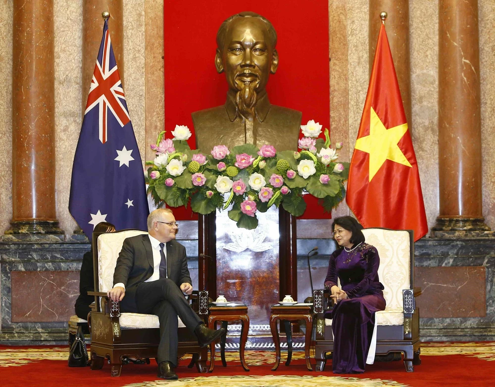 Phó Chủ tịch nước Đặng Thị Ngọc Thịnh hội kiến Thủ tướng Australia Scott Morrison. (Ảnh: Văn Điệp/TTXVN)