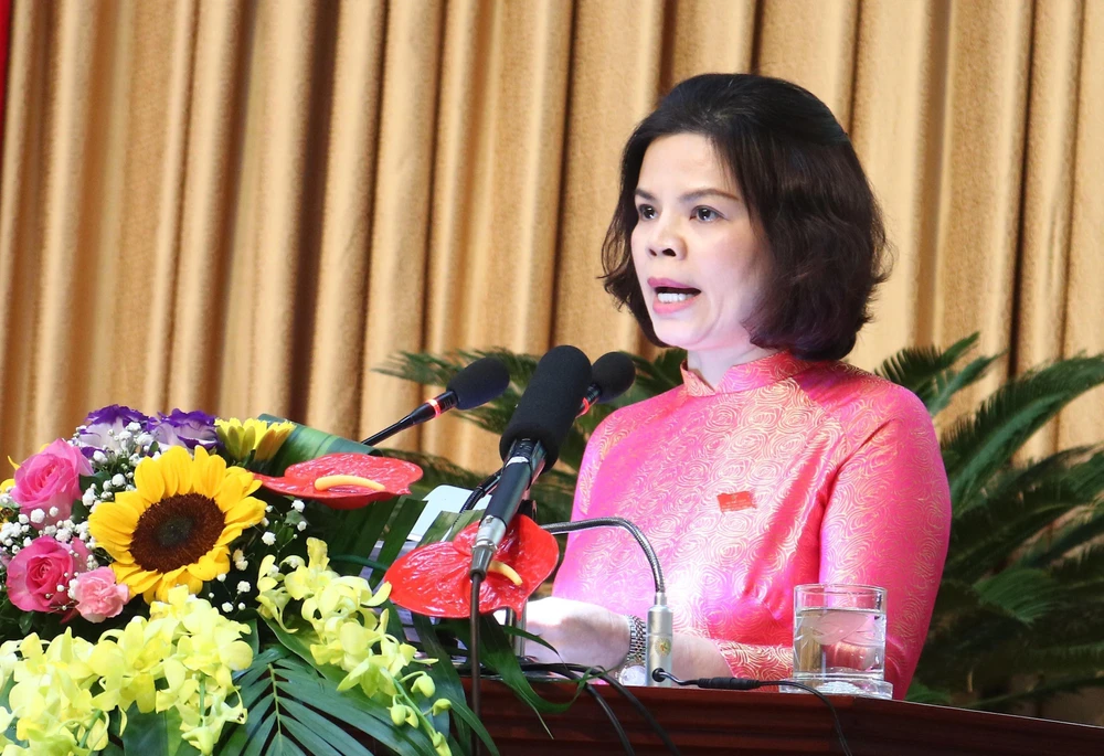 Tân Chủ tịch UBND tỉnh Bắc Ninh Nguyễn Hương Giang phát biểu nhậm chức. (Ảnh: Diệp Trương/TTXVN)