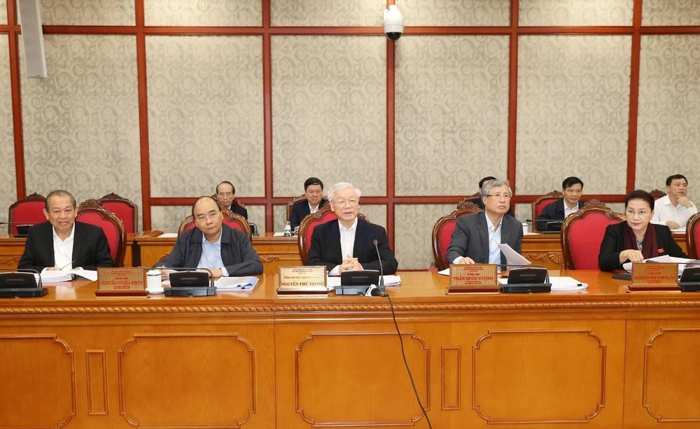 Tổng Bí thư, Chủ tịch nước Nguyễn Phú Trọng phát biểu chỉ đạo buổi làm việc với Ban Thường vụ Tỉnh ủy Thừa Thiên-Huế. (Ảnh: Trí Dũng/TTXVN)