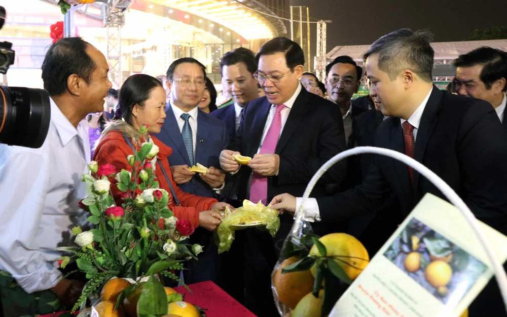 Phó Thủ tướng Vương Đình Huệ và đại biểu thăm các gian trưng bày, giới thiệu sản phẩm cam. (Ảnh: TTXVN)