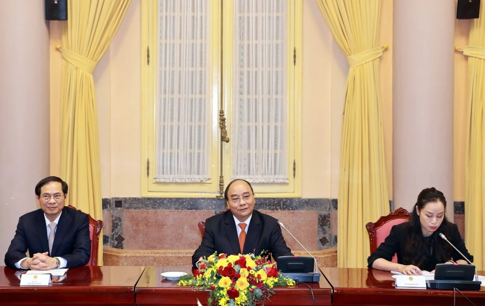 Chủ tịch nước Nguyễn Xuân Phúc phát biểu tại buổi tiếp đại sứ, đại biện các nước thành viên ASEAN. (Ảnh: Thống Nhất/TTXVN)