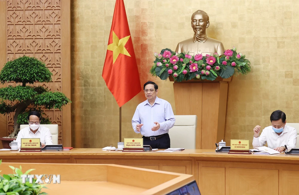 Thủ tướng Phạm Minh Chính phát biểu tại Phiên họp Chính phủ tháng 7/2021. (Ảnh: Dương Giang/TTXVN)