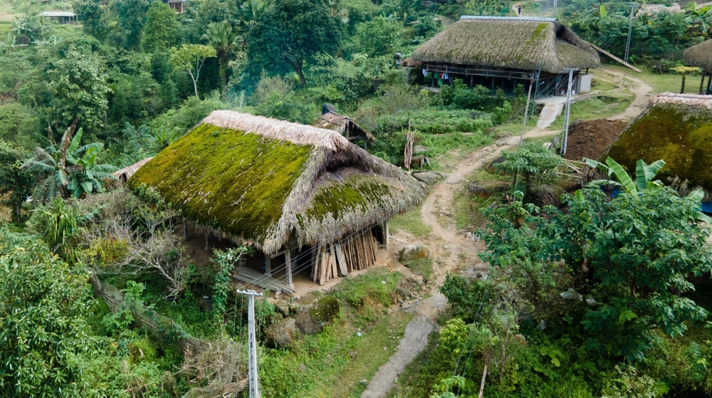 Những mái nhà lá cọ được rêu phủ quanh năm tại thôn Xà Phìn. (Ảnh: Nam Thái/TTXVN)