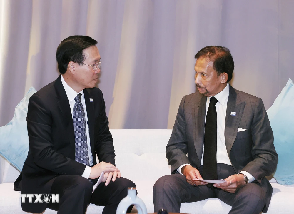 Chủ tịch nước Võ Văn Thưởng gặp Quốc vương Brunei Hassanal Bolkiah. (Ảnh: Thống Nhất/TTXVN)