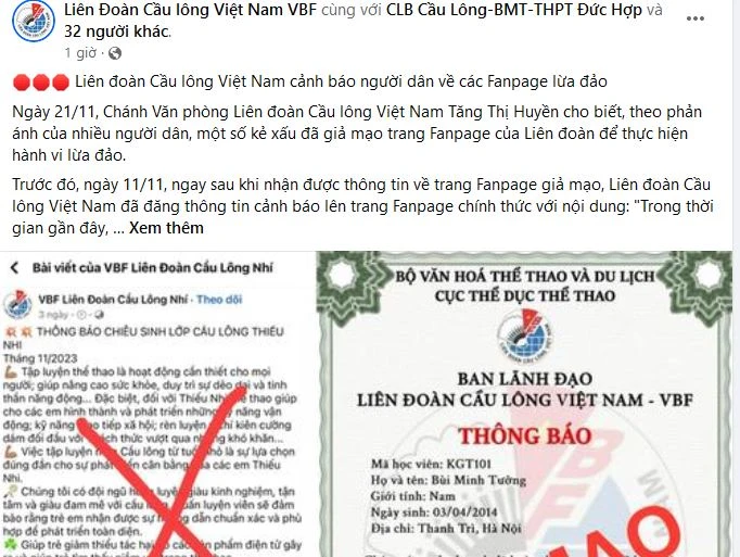 Thông tin cảnh báo trên Fanpage của Liên đoàn Cầu lông Việt Nam.