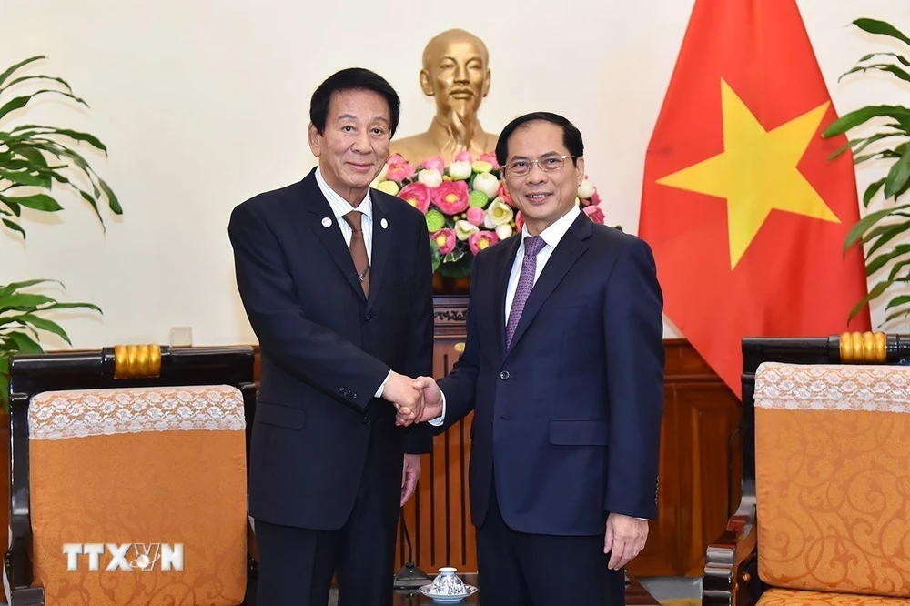 Bộ trưởng Ngoại giao Bùi Thanh Sơn tiếp nguyên Đại sứ Đặc biệt Nhật Bản-Việt Nam Sugi Ryotaro. (Ảnh: TTXVN phát)