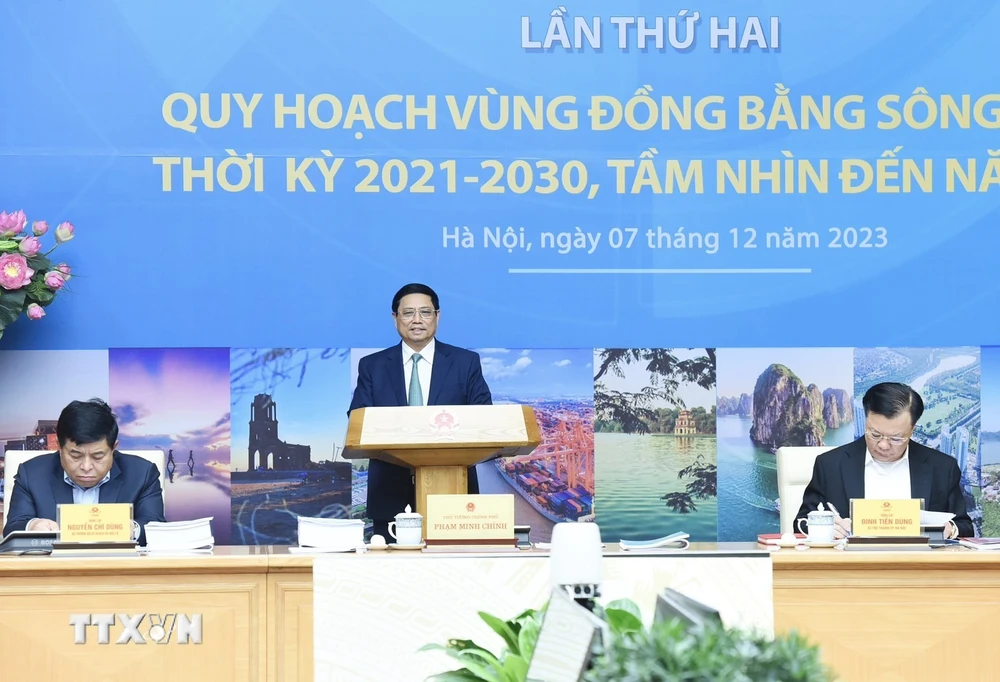 Thủ tướng Phạm Minh Chính chủ trì Hội nghị Hội đồng Điều phối vùng Đồng bằng sông Hồng. (Ảnh: Dương Giang/TTXVN)