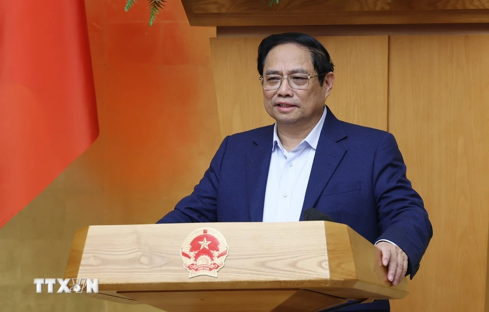 Thủ tướng Phạm Minh Ch&iacute;nh chủ tr&igrave; Phi&ecirc;n họp Ch&iacute;nh phủ thường kỳ th&aacute;ng 1 năm 2024. (Ảnh: Dương Giang/TTXVN)