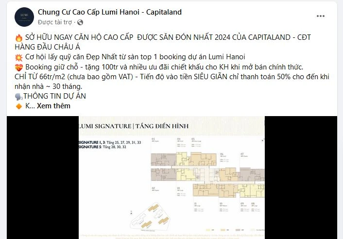 Một bài viết mời booking cho dự án Lumi Hanoi trên mạng xã hội. (Nguồn: Vietnam+)