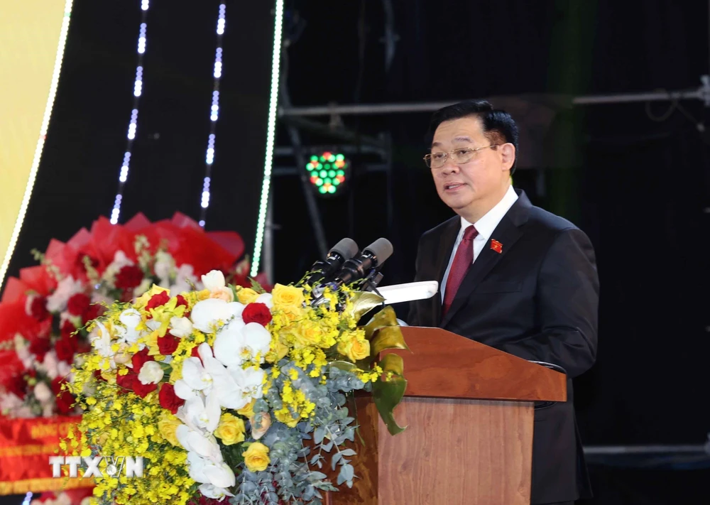 Chủ tịch Quốc hội Vương Đình Huệ phát biểu tại lễ kỷ niệm.(Ảnh: Nhan Sáng/TTXVN)
