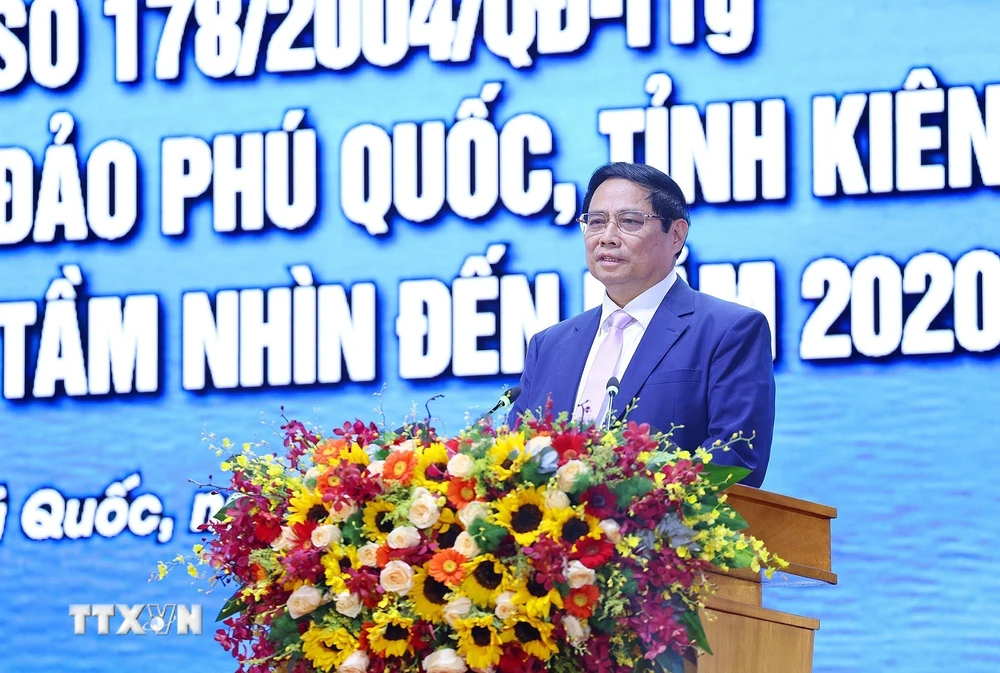 Thủ tướng Phạm MInh Chính phát biểu tại Hội nghị tổng kết Quyết định số 178 về phát triển tổng thể đảo Phú Quốc. (Ảnh: Dương Giang/TTXVN)