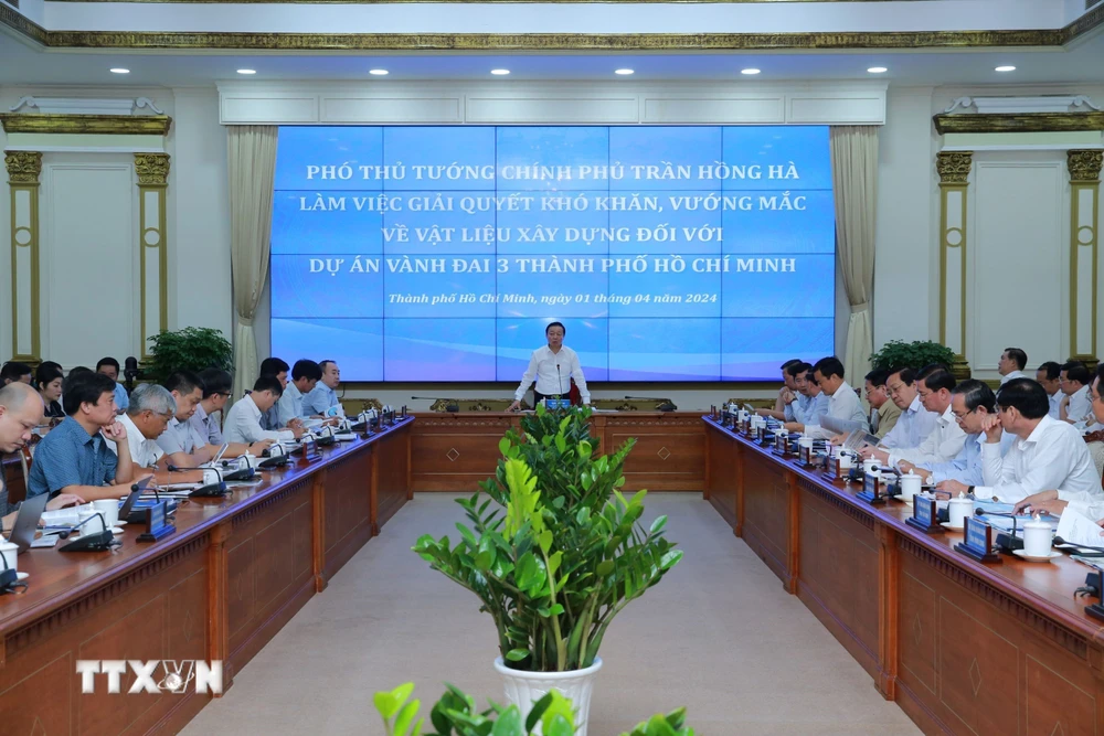 Phó Thủ tướng Trần Hồng Hà phát biểu chỉ đạo tại cuộc làm việc. (Ảnh: TTXVN phát)