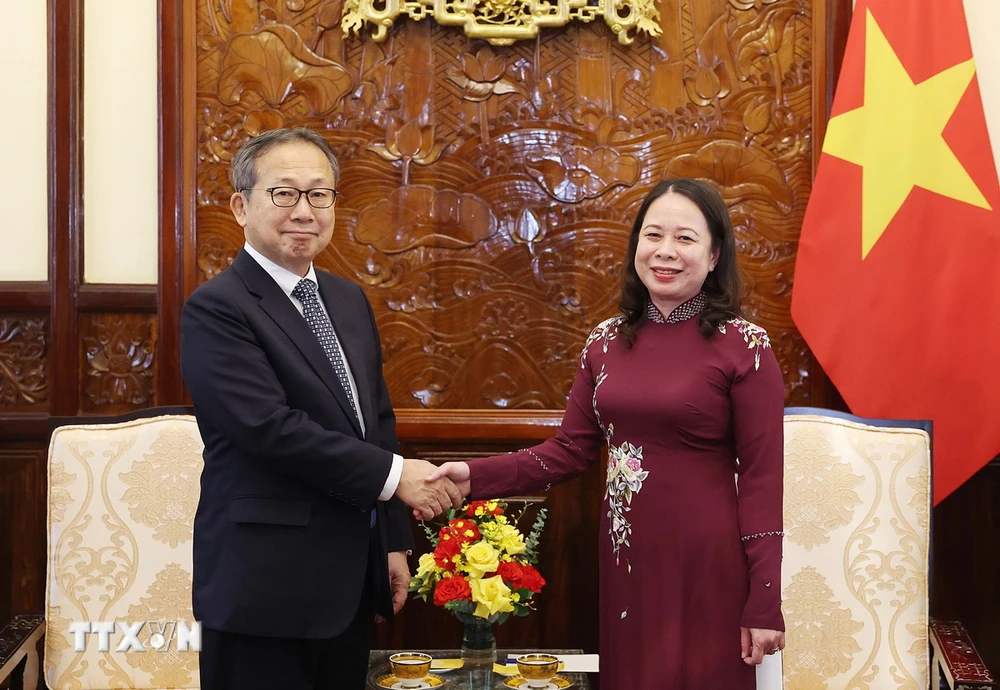 Quyền Chủ tịch nước Võ Thị Ánh Xuân tiếp Đại sứ Nhật Bản đến chào từ biệt kết thúc nhiệm kỳ công tác tại Việt Nam. (Ảnh: Thống Nhất/TTXVN)