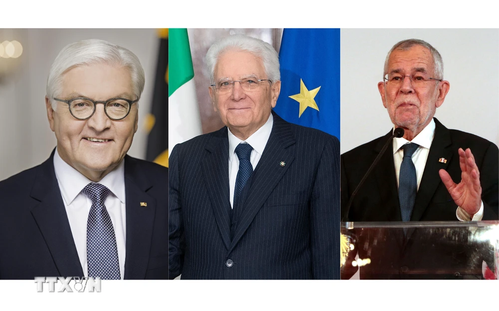 Tổng thống Đức Frank-Walter Steinmeier cùng hai người đồng cấp Sergio Mattarella của Italy và Alexander van der Bellen của Áo. (Nguồn: AFP/TTXVN)