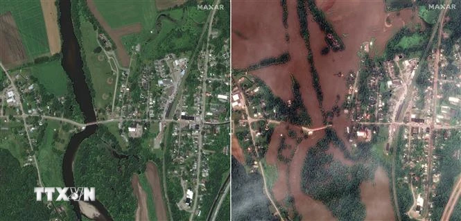 Cảnh ngập lụt sau những trận mưa lớn tại Richmond, bang Vermont, Mỹ, ngày 11/7/2023 (phải). (Ảnh: AFP/TTXVN)