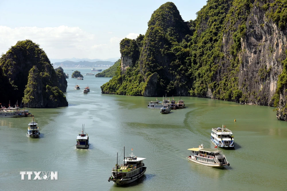 Tàu thuyền trên Vịnh Hạ Long. (Ảnh: Thanh Vân/TTXVN)