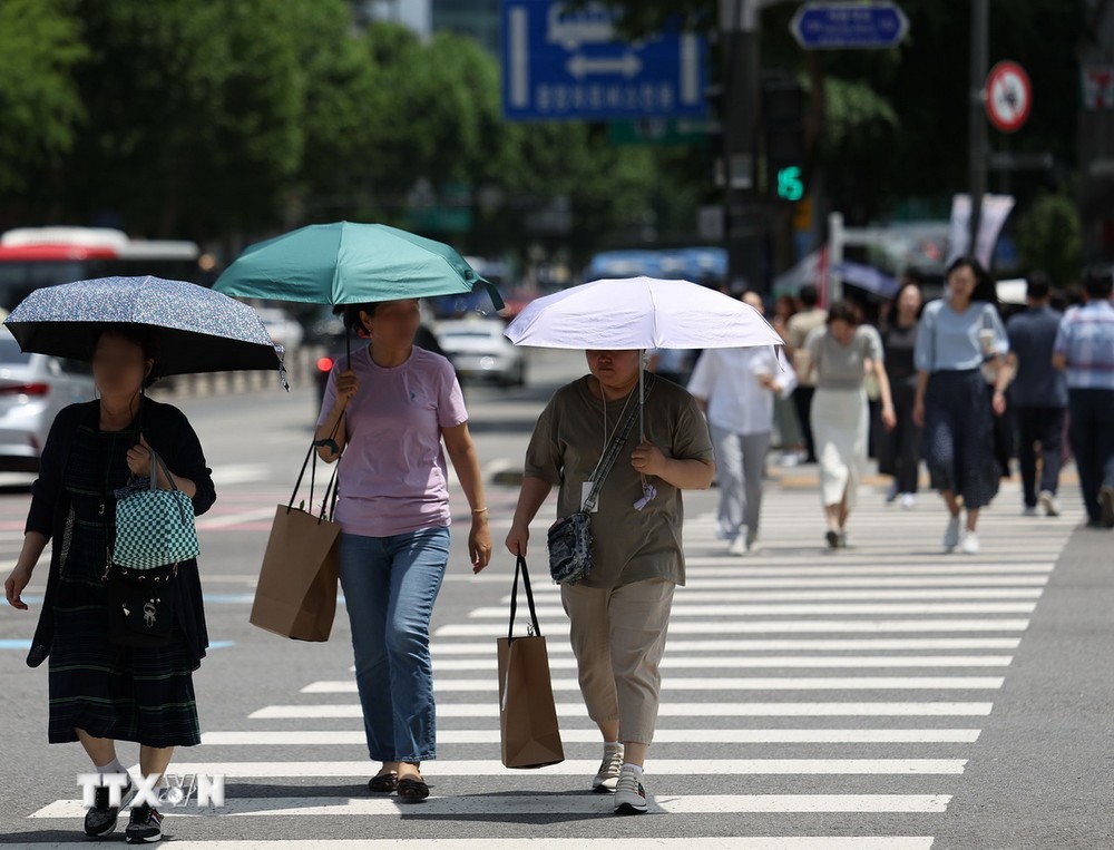 Người dân xếp hàng nhận cơm từ thiện dưới trời nắng nóng tại Seoul, Hàn Quốc ngày 1/8/2023. (Ảnh: Yonhap/TTXVN)