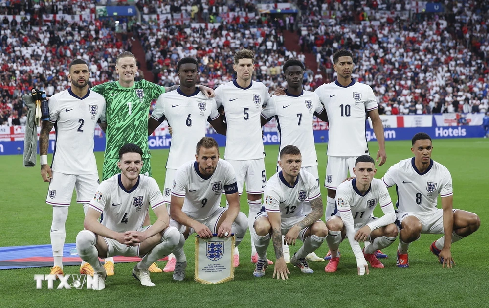 Đội hình tuyển Anh trong trận ra quân Vòng chung kết EURO 2024 bảng C gặp Serbia. (Ảnh: THX/TTXVN)