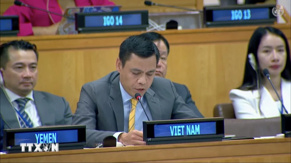 Đại sứ Đặng Hoàng Giang, Trưởng phái đoàn Đại diện thường trực Việt Nam tại Liên hợp quốc, phát biểu tại hội nghị. (Ảnh: TTXVN phát)