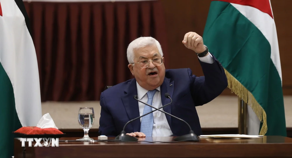 Tổng thống Palestine Mahmoud Abbas phát biểu tại một cuộc họp ở thành phố Ramallah, Bờ Tây. (Ảnh: ANI/TTXVN)