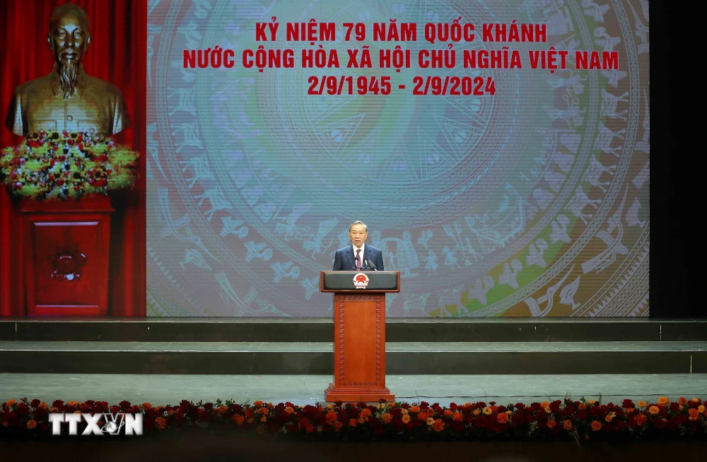 Tổng B&iacute; thư, Chủ tịch nước T&ocirc; L&acirc;m ph&aacute;t biểu tại lễ kỷ niệm. (Ảnh: L&acirc;m Kh&aacute;nh/TTXVN)