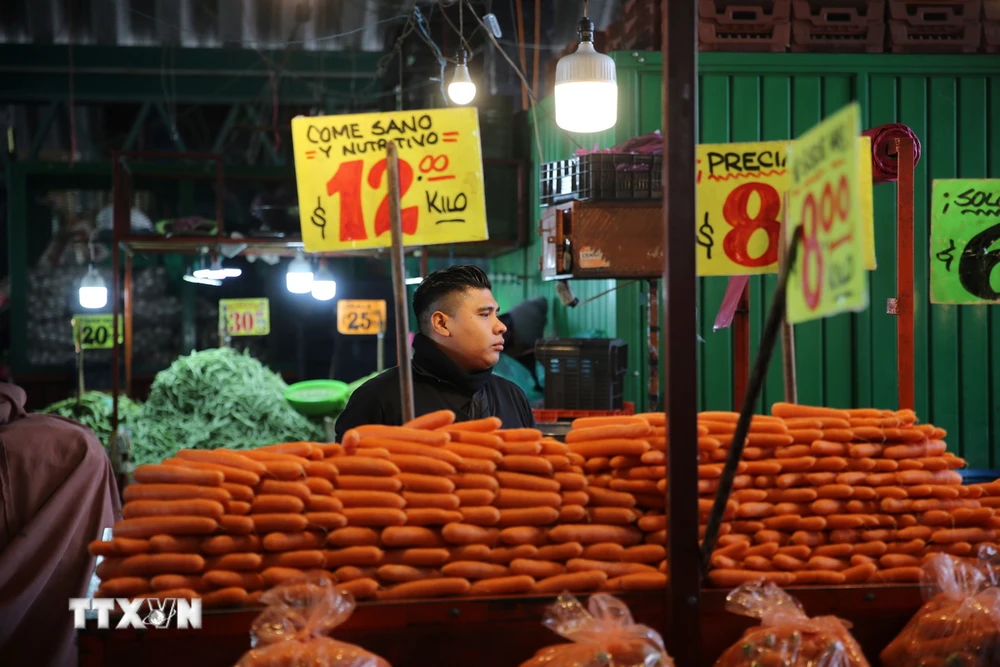 Gian hàng nông sản tại chợ đầu mối Central de Abasto, ngoại ô thủ đô Mexico City. (Ảnh: Phi Hùng/TTXVN)