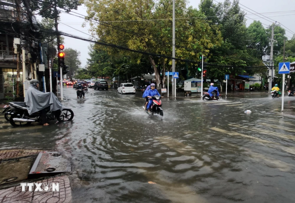 Mưa lớn kéo dài kết hợp triều cường gây ngập cục bộ một số tuyến đường khu vực đô thị nội ô thành phố Vĩnh Long, chiều 16/10/2024. (Ảnh: Phạm Minh Tuấn/TTXVN)