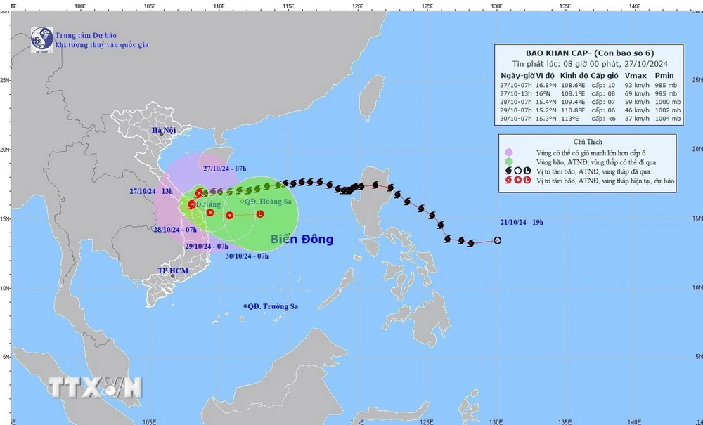 Hướng di chuyển của bão số 6, cập nhật lúc 7 giờ, ngày 27/10. (Ảnh: TTXVN phát)