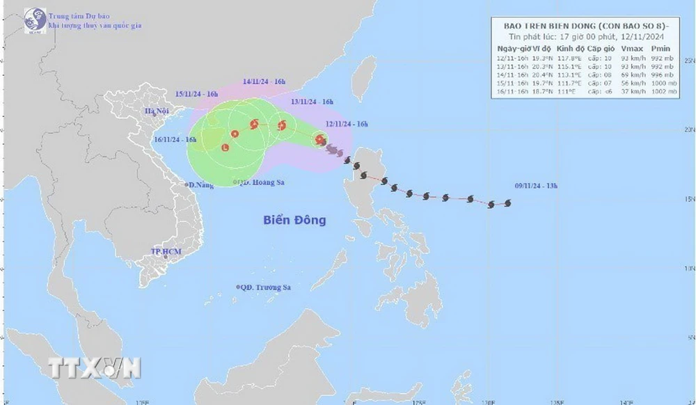 Đường đi của bão số 08, lúc 16h ngày 12/11/2024. (Ảnh: TTXVN phát)