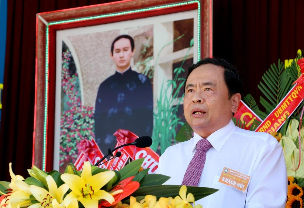 Ông Trần Thanh Mẫn, Bí thư Trung ương Đảng, Chủ tịch Ủy ban Trung ương MTTQ Việt Nam phát biêu tại buổi lễ. (Ảnh: Công Mạo/TTXVN)