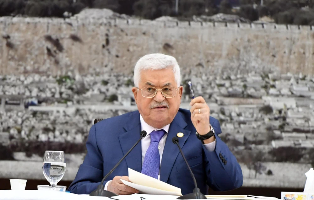 Tổng thống Palestine Mahmoud Abbas phát biểu tại cuộc họp ở thành phố Ramallah, Bờ Tây ngày 25/7. (Ảnh: THX/TTXVN)