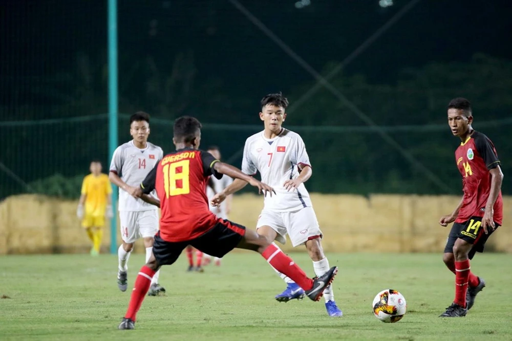 U16 Việt Nam giành 3 điểm đầu tiên sau khi đánh bại U16 Timor Leste. (Nguồn: VFF)
