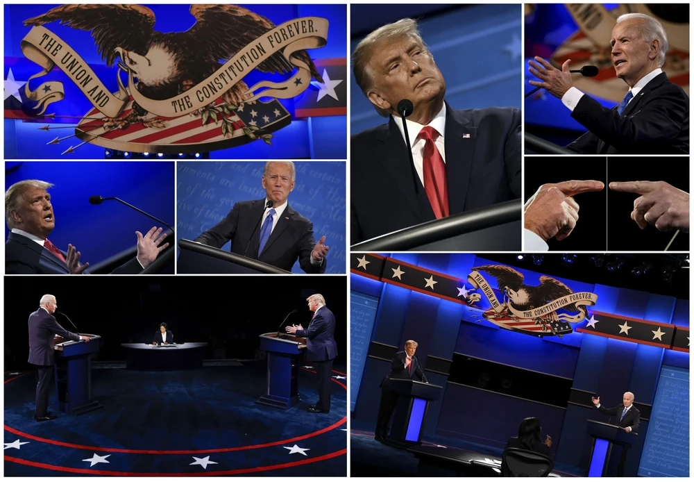 Hình ảnh cuộc tranh luận trực tiếp cuối cùng trước bầu cử giữa đương kim Tổng thống Mỹ Donald Trump và ứng viên Tổng thống của đảng Dân chủ Joe Biden. Ảnh: AFP/TTXVN