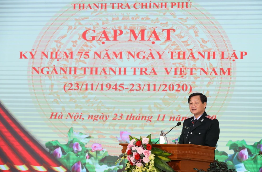 Ủy viên Trung ương Đảng, Tổng Thanh tra Chính phủ Lê Minh Khái ôn lại 75 năm xây dựng và trưởng thành ngành Thanh tra Việt Nam. (Ảnh: Văn Điệp/TTXVN)