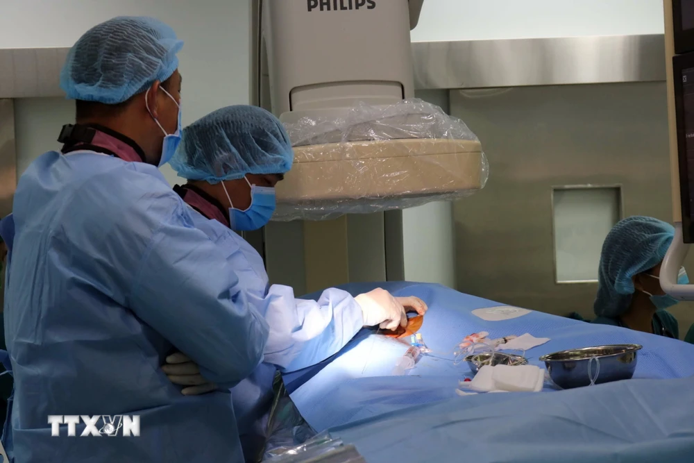 Các êkíp của Bệnh viện Nhi Đồng 2 và Bệnh viện Đa khoa tỉnh Ninh Thuận đã tiến hành phẫu thuật thông tim can thiệp cho 3 bệnh nhi. (Ảnh: TTXVN phát)