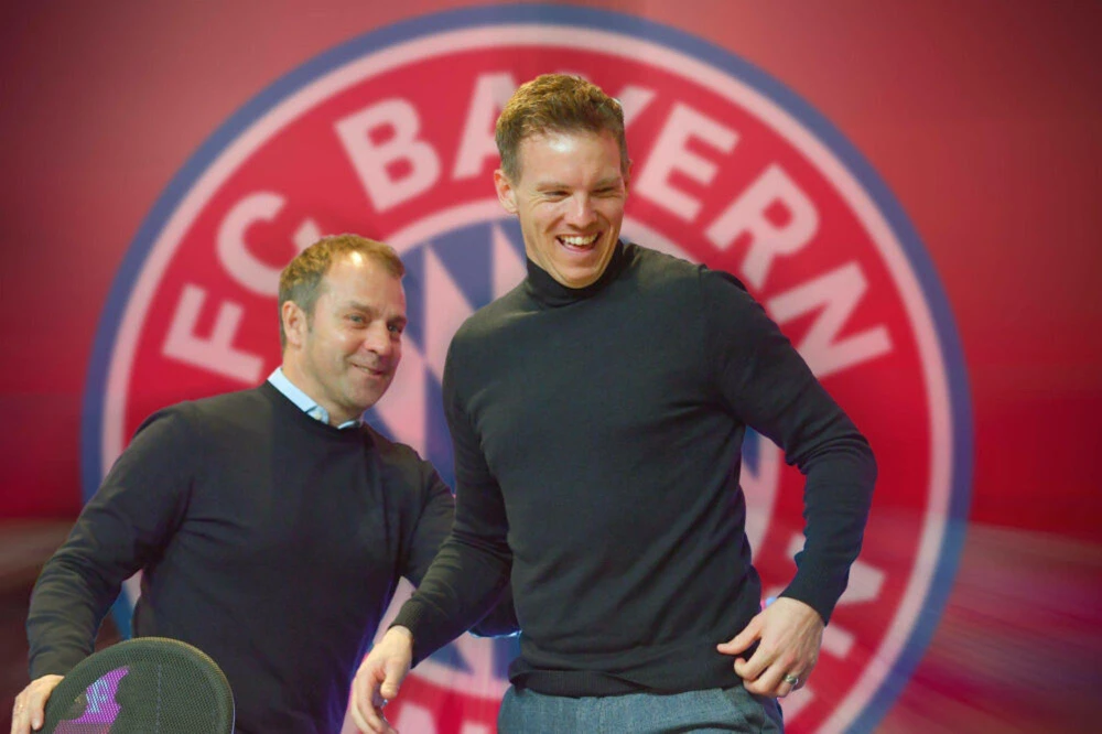 Nagelsmann sẽ thay Hansi Flick (trái) dẫn dắt Bayern từ mùa tới? (Nguồn: onefootball)