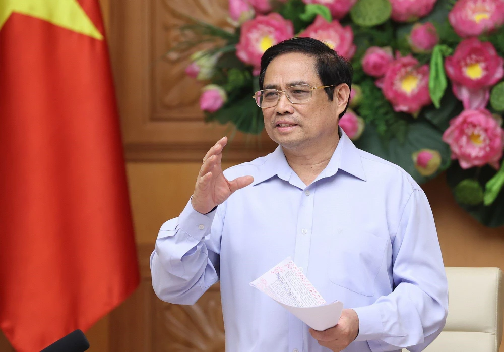 Thủ tướng Phạm Minh Chính phát biểu kết luận buổi làm việc. (Ảnh: Dương Giang/TTXVN)