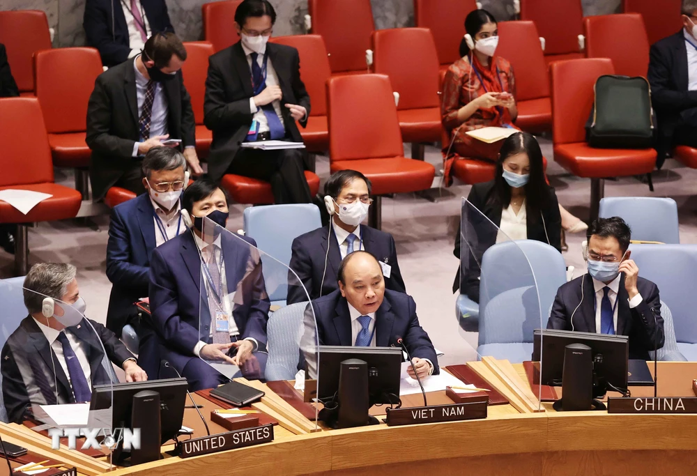 Chủ tịch nước Nguyễn Xuân Phúc phát biểu tại Phiên họp cấp cao của Hội đồng Bảo an Liên hợp quốc về an ninh khí hậu. (Ảnh: Thống Nhất/TTXVN)