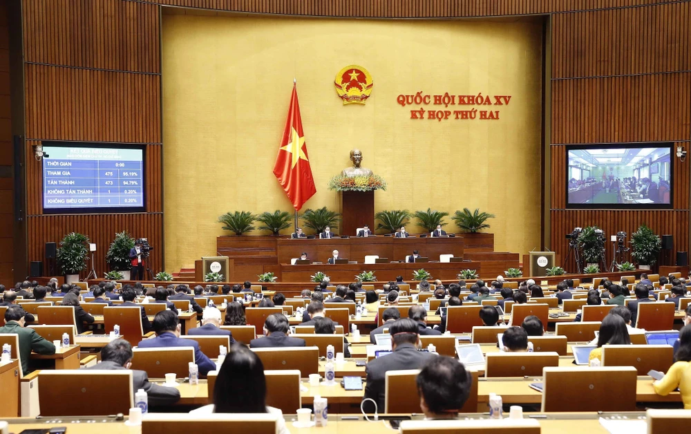 Quốc hội biểu quyết thông qua dự thảo Nghị quyết về phân bổ ngân sách trung ương năm 2022. (Ảnh: Doãn Tấn/TTXVN)