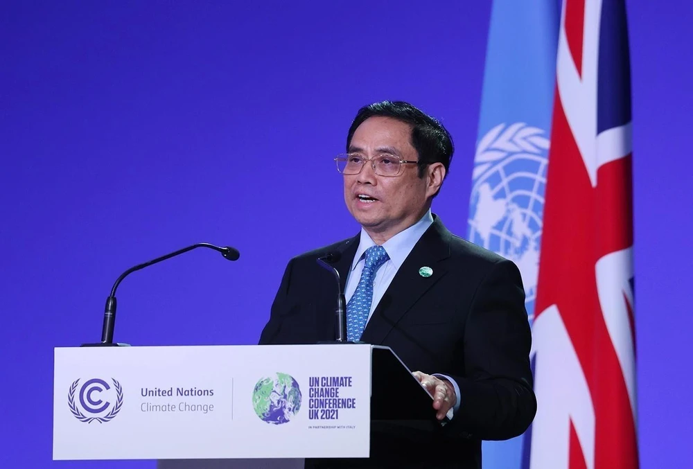 Thủ tướng Phạm Minh Chính phát biểu tại Hội nghị Thượng đỉnh khí hậu trong khuôn khổ Hội nghị lần thứ 26 các Bên tham gia Công ước khung của Liên hợp quốc về Biến đổi khí hậu (COP26). (Ảnh: Dương Giang/TTXVN)