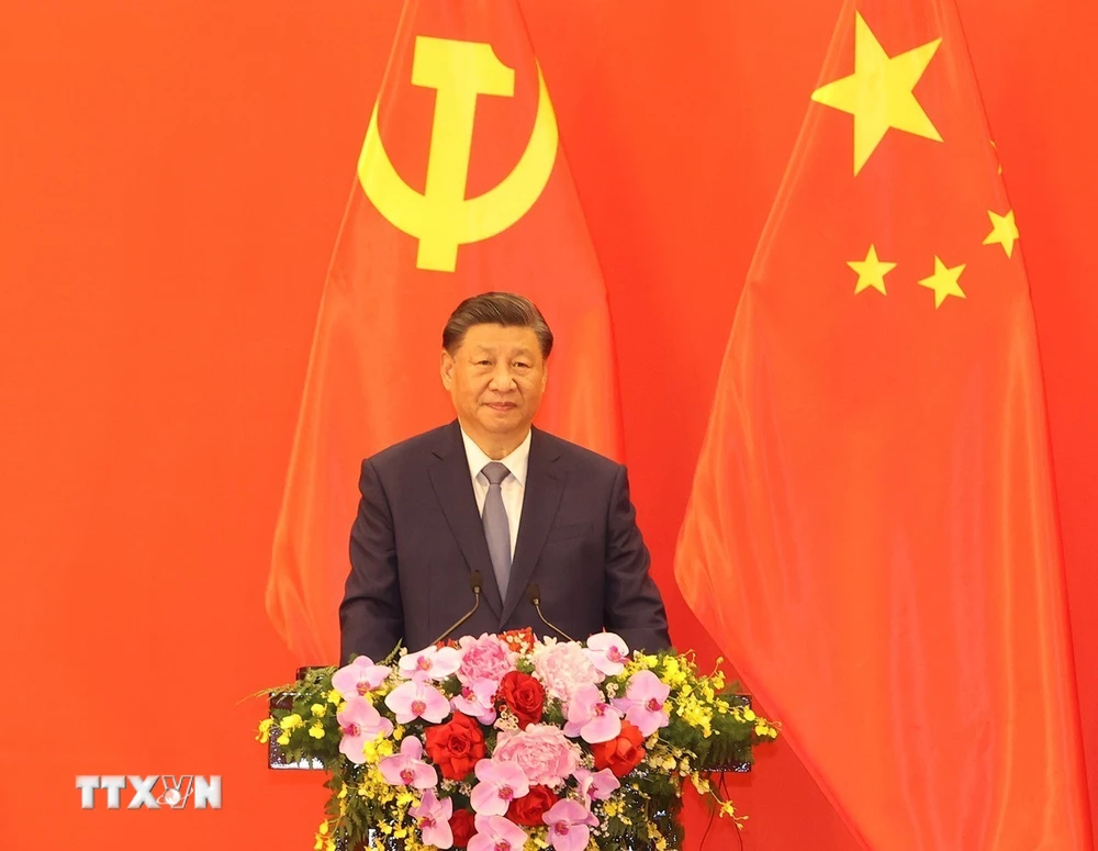 Tổng Bí thư, Chủ tịch nước Trung Quốc Tập Cận Bình phát biểu tại buổi gặp gỡ. (Ảnh: Trí Dũng/TTXVN)