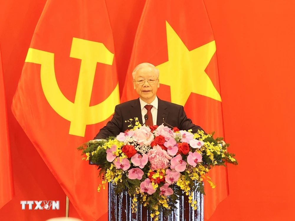 Tổng Bí thư Nguyễn Phú Trọng phát biểu tại buổi gặp gỡ. (Ảnh: Trí Dũng/TTXVN)