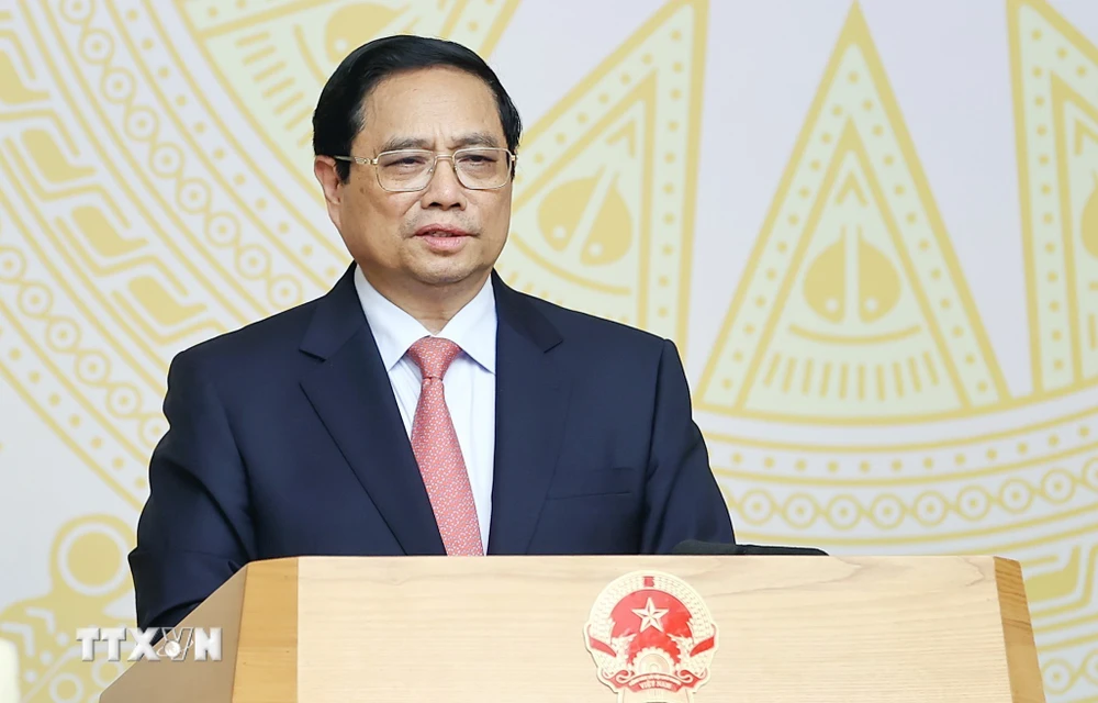 Thủ tướng Phạm Minh Chính phát biểu tại buổi làm việc với cán bộ chủ chốt Học viện Chính trị Quốc gia Hồ Chí Minh. (Ảnh: Dương Giang/TTXVN)