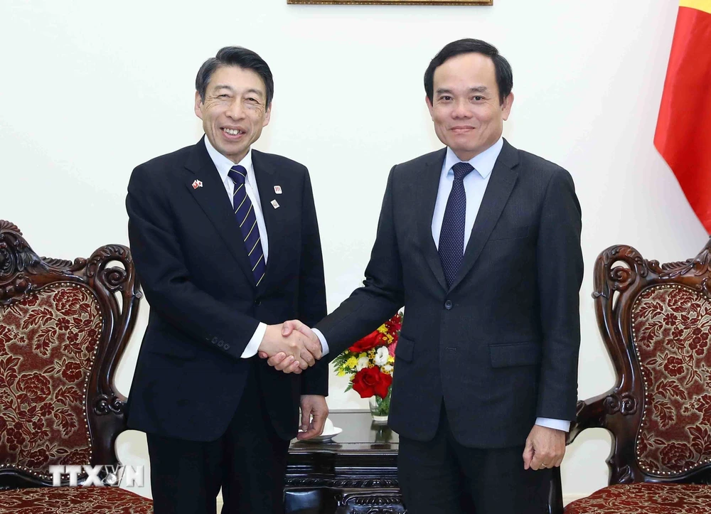 Phó Thủ tướng Trần Lưu Quang tiếp Thống đốc tỉnh Fukuoka Hattori Seitaro. (Ảnh: Phạm Kiên/TTXVN)
