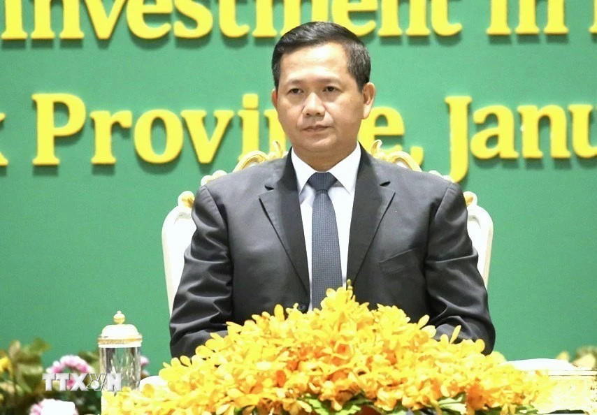 Thủ tướng Chính phủ Campuchia Hun Manet chủ trì sự kiện công bố “Chương trình xúc tiến đầu tư đặc biệt tại tỉnh Preah Sihanouk năm 2024,” ngày 31/1/2024. (Ảnh: AKP/TTXVN phát)