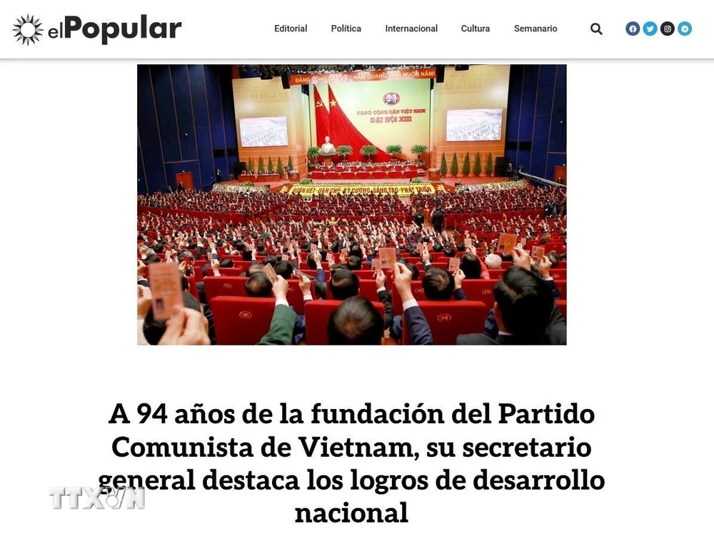 Báo điện tử El Pueblo (Nhân Dân), cơ quan ngôn luận Đảng Cộng sản Uruguay đăng phát biểu của Tổng bí thư Nguyễn Phú Trọng trên Thông tấn xã Việt Nam. (Ảnh: TTXVN)