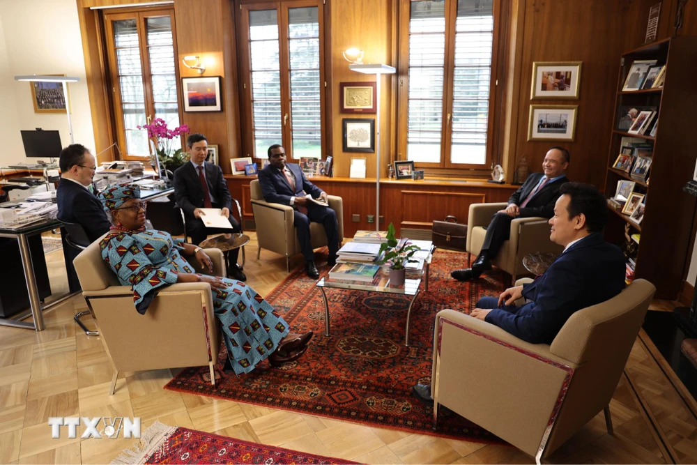 Đại sứ Mai Phan Dũng cùng Tổng giám đốc WTO Ngozi Okonjo-Iweala. (Ảnh: Anh Hiển/TTXVN)